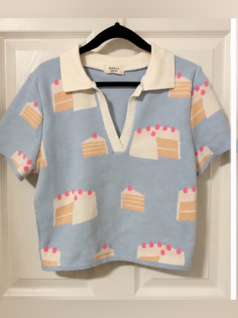 debut Light Blue Cake-Print Polo Top with White Collar